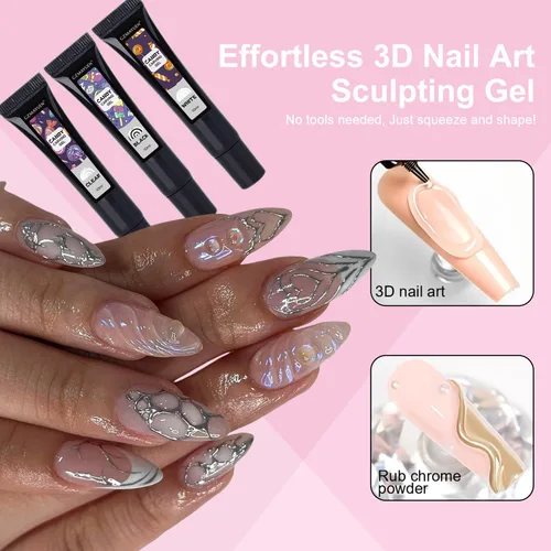 Miniatura 4 de 3D Gel Nail Art 0.35 oz No Wipe Clear Black White Nail Sculpting Gel, Gel Liner 3D Nail Gel Sculpting Gel en relieve Gel de caramelo Gel Moldeo de 3