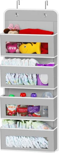 Simple Houseware - Organizador con 4 bolsillos con ventana transparente para colgar en la puerta del armario, para dormitorio, baño, despensa, gris