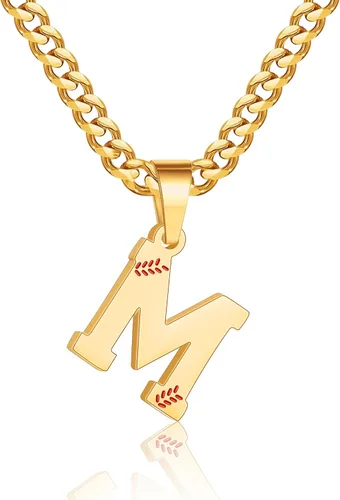 Miniatura 9 de Avotto Collar de béisbol con letra inicial de la A a la Z para niños y hombres, cadena cubana de acero inoxidable resistente que no se decolora
