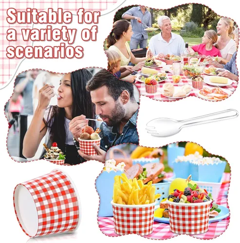 Miniatura 6 de Tessco for you Paquete de 100 tazas de helado a cuadros rojos y blancos con cucharas de plástico de 12 onzas desechables de papel a cuadros