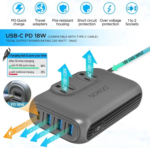 Miniatura 3 de SOKOO Convertidor de voltaje reductor de 230 vatios de 100-220 V a 110 V, convertidor de corriente internacional/adaptador de viaje, uso
