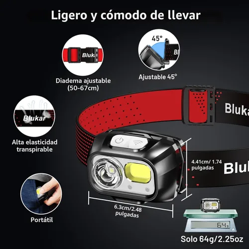 Miniatura 8 de Blukar Linterna frontal LED recargable, 2000L faro súper brillante con sensor de movimiento - Brillo regulable, 8 modos, foco y luz de inundación