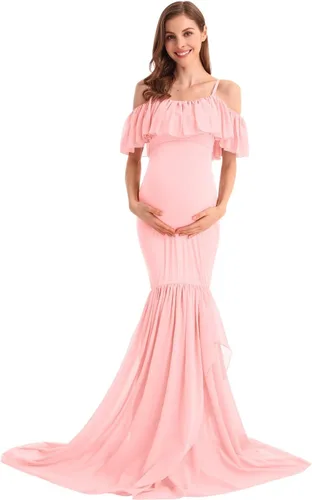 Miniatura 32 de MYRISAM Vestido de maternidad con volantes y hombros descubiertos para mujer, vestido de fiesta de sirena de gasa, vestido ajustado
