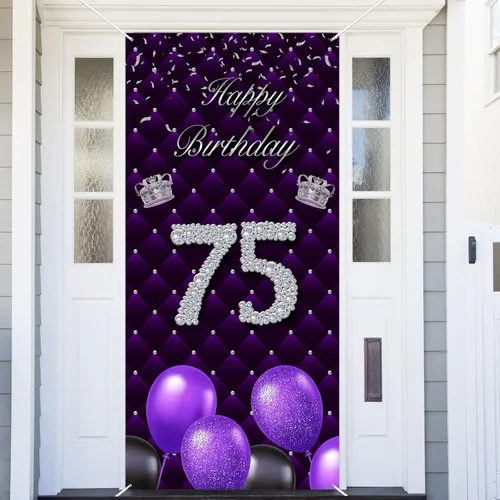 Miniatura 22 de Cartel morado de feliz primer cumpleaños telón de fondo para cabina de fotos, globos de corona plateada, decoración temática para niña, aniversario