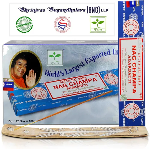 Miniatura 10 de Varillas de incienso Satya Champa, Paquete de 15gmx12 de inciensos Satya Bng con paquete de soporte de incienso Raajsee, Incienso natural Satya Nag
