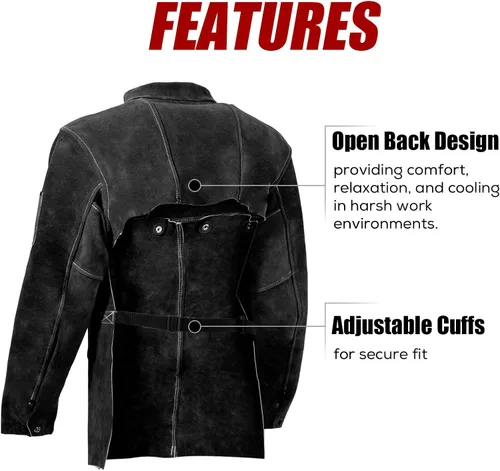 Miniatura 4 de LeaSeek Chaqueta de Soldadura de Cuero - Delantal de Soldadura de Servicio Pesado con Manga, Cuero de Vaca Resistente al Calor y al Fuego