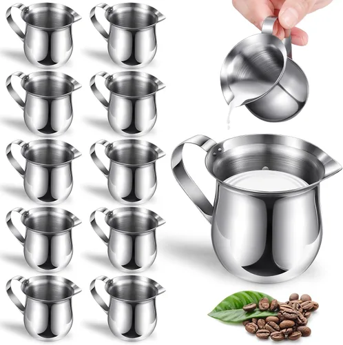 Miniatura 8 de Potchen Paquete de 6 cremas de campana de acero inoxidable de 3 onzas, mini jarras de leche para café con mango y tazas de boquilla para servir