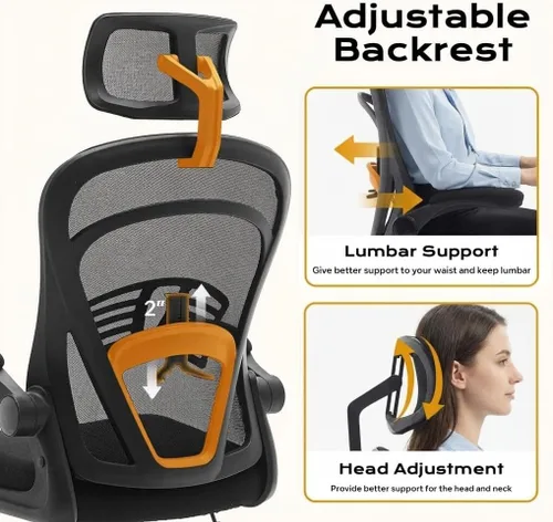 Miniatura 5 de Silla de oficina ergonómica de malla, silla de escritorio de respaldo alto con soporte lumbar ajustable y reposacabezas, reposabrazos abatibles