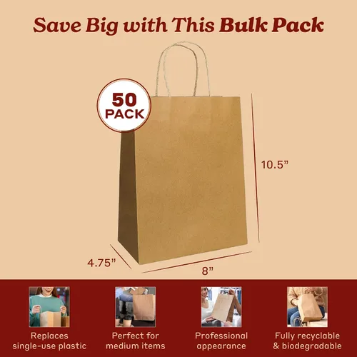 Miniatura 6 de PTP Bags Bolsas de papel kraft de 8 x 4.75 x 10.5 pulgadas, bolsa reciclable de 3.53 oz/m² con asas reforzadas para regalos de boutique, compras al