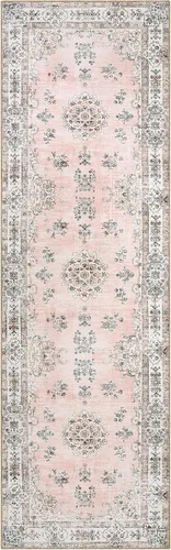 Miniatura 8 de Lahome Alfombra de pasillo rosa de 2 pies 6 pulgadas x 8 pies para pasillo, alfombra europea con estampado floral vintage lavable para cocina, baño