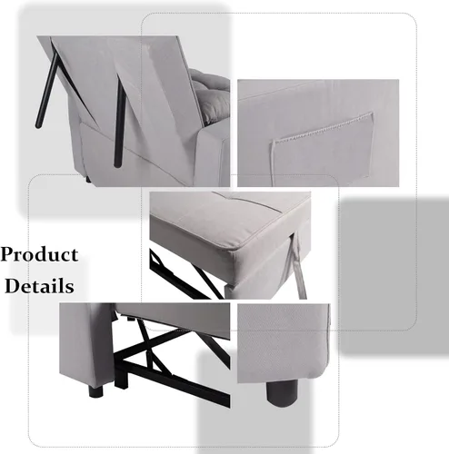 Miniatura 6 de Polar Aurora Silla de sofá cama convertible 3 en 1, tumbona, sillón reclinable individual para espacio pequeño con respaldo ajustable (gris claro)