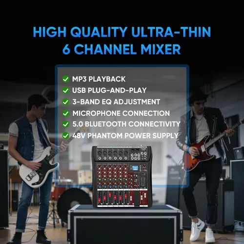 Miniatura 2 de FULUODE - Consola de Mezcla de Audio de 6 Canales, Mezclador de Música Profesional CT-60S, Tablero de Mezcla DJ con Reverb, Reproductor Bluetooth
