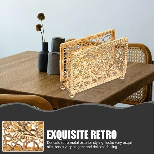 Miniatura 6 de Hemobllo Retro Metal Napkin Holder Gold Rectangular Freestanding Napkin Stand Decorative Tissue Rack for Kitchen Dining Table Farmhouse