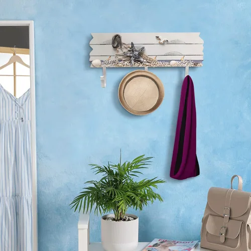 Miniatura 2 de Perchero de madera con 3 ganchos de metal con diseño de mar y playa, con estrellas de mar, gaviotas y conchas de mar