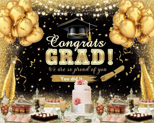 Miniatura 3 de Cartel de graduación de 7 x 5 pies para celebrar la clase de 2025, decoraciones de fiesta con globos negros y dorados con purpurina negra y dorada