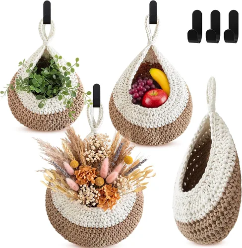 Miniatura 19 de Honeydak Cestas colgantes de pared bohemias para cocina, paquete de 3 cestas de lágrima con ganchos, almacenamiento de frutas, cebollas, verduras