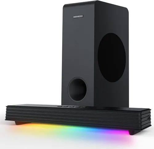 MEREDO Barra de sonido para Smart TV 160W 3.1CH PC Gaming Barra de sonido con subwoofer RGB Iluminación Audio Sincronización Sistema de sonido