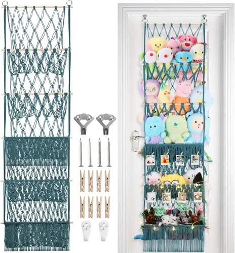 Miniatura 17 de Red de almacenamiento de animales de peluche de 2 niveles, 17 x 32 pulgadas, organizador grande de animales de peluche para pequeños rellenos