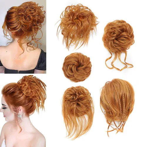 Miniatura 27 de 5 piezas de extensiones de cabello para moños desordenados con banda elástica de goma para mujeres, extensiones de cola de caballo con horquillas
