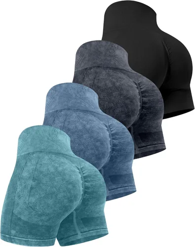 Miniatura 19 de CHRLEISURE Pantalones Cortos de Entrenamiento para Mujer, 4 Paquetes, Cintura Alta, Levantamiento de Glúteos con Fruncido, Pantalones Cortos Booty