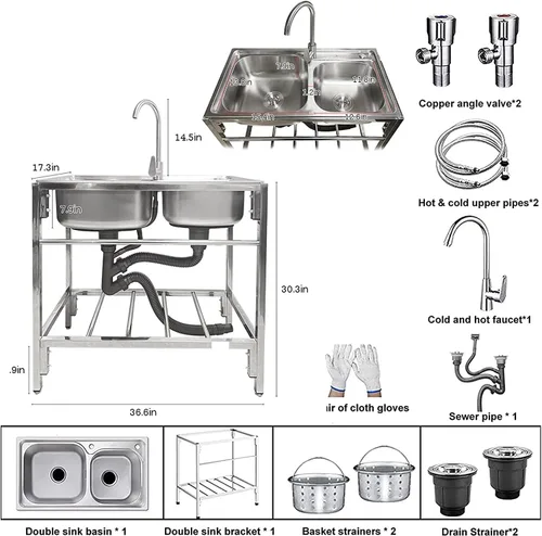 Miniatura 8 de Fregadero de acero inoxidable para exteriores, fregadero de doble tazón, fregadero de cocina comercial de pie con grifo caliente y frío