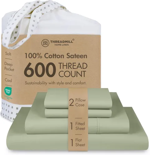 Miniatura 11 de Threadmill Sábanas de Algodón 100% para Cama Tamaño Queen - Juego de Sábanas Queen de 600 Hilos con Bolsillo Profundo de 16" - Juego de Ropa de Cama