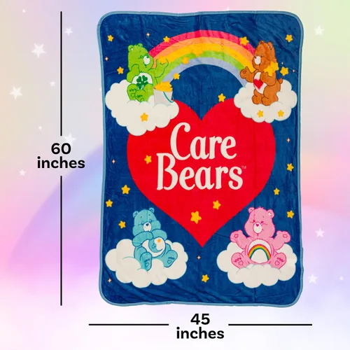 Miniatura 2 de Silver Buffalo Care Bears Logo de corazón arcoíris con Cheer, Dormiloncito y Tiernosito Oso 45” x 60” Manta de forro polar suave y acogedora, 180
