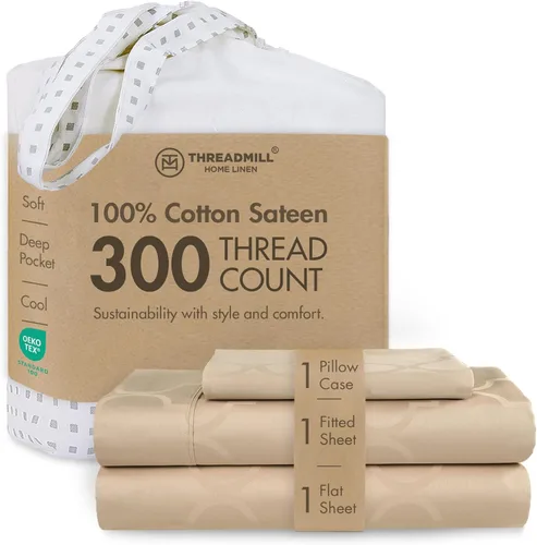 Miniatura 54 de Threadmill Sábanas 100% Algodón para Cama Tamaño King Juego de Sábanas de 4 Piezas para Cama King Suave, Transpirable y Ligero Satén de Damasco