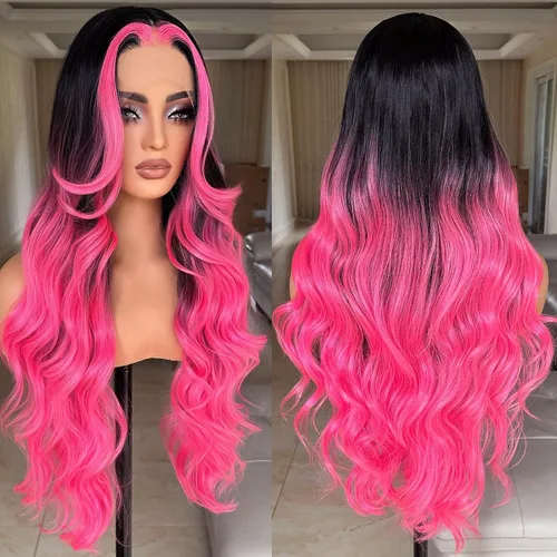 Miniatura 11 de Pelucas de encaje frontal rubias de 30 pulgadas X-TRESS con onda corporal, prediseñadas, peluca frontal de encaje sintético con raíces oscuras