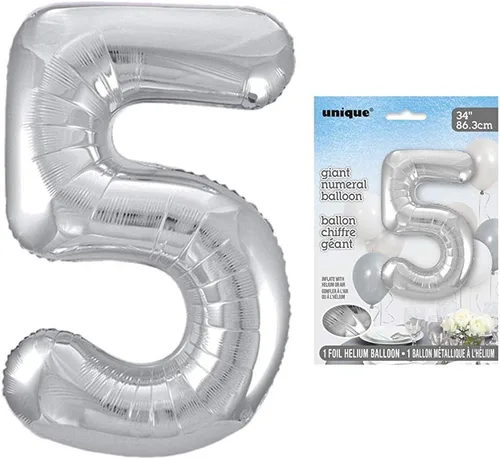Miniatura 2 de Unique Globo de papel aluminio con forma de número 5, 34 pulgadas, plateado