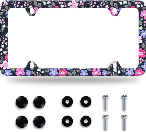 Miniatura 13 de 【2 piezas】 Marco de matrícula de flores de cerezo blanco y negro, marco de matrícula floral de flores, piezas de acero inoxidable, matrícula 【2