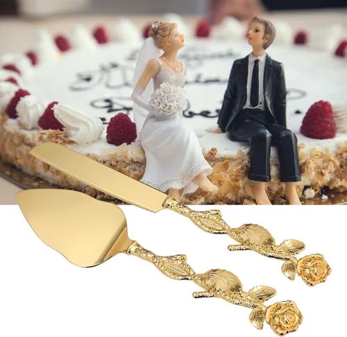 Miniatura 3 de BestAlice Juego de cuchillos y servidor para pastel de boda, juego personalizado de corte de pastel dorado para boda, juego de servir pasteles Oro