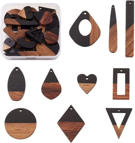 Miniatura 9 de Beadthoven 60 piezas Kit de Dijes de Madera de Resina Colgantes para Hacer Aretes Dijes Dorados para Aretes DIY Boho Piezas en Blanco de Madera