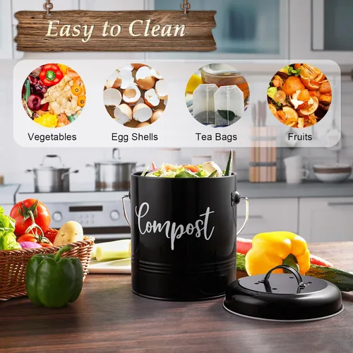 Miniatura 4 de DAYYET Contenedor de compost, 1.3 galones de cocina de granja para encimera de compost, cubo de abono para encimera interior con tapa y filtros