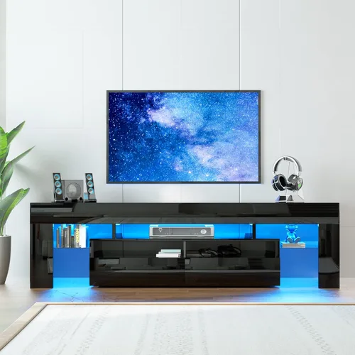 Miniatura 9 de Squireewo Soporte de TV con luces LED de 16 colores, consola multimedia con cajón y estante abierto de vidrio para TV de 60/65/70 pulgadas, centro
