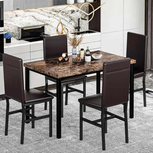Miniatura 3 de Recaceik Juego de 4 mesas de comedor de 5 piezas para 4, juego de 4 sillas de mesa de cocina de mármol sintético, juego de mesa de cocina con 4