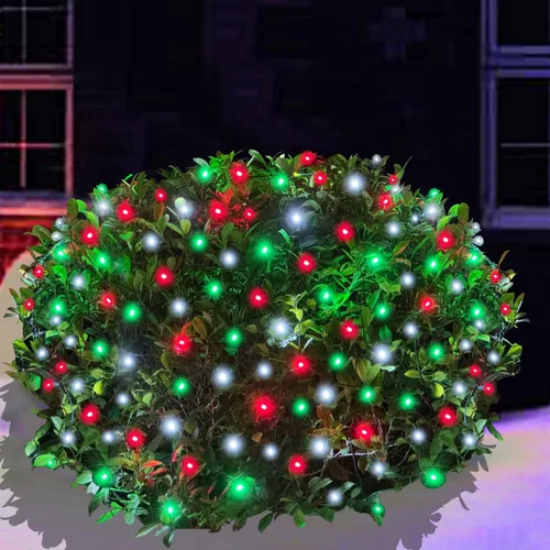 Miniatura 15 de HISHINY Red de luces LED rojas de Navidad para exteriores, cable verde de 100 luces LED de 5 x 5 pies, cable verde conectable para interiores y Rojo