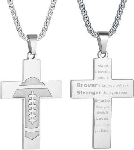 HattiDoris Collar de cruz de fútbol para niños, colgante de cruz de versículo bíblico inspirador de cadena de acero inoxidable de 22 + 2 pulgadas,