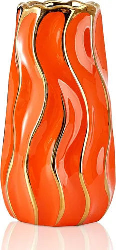 Jarrón de cerámica, jarrón naranja para decoración del hogar, florero decorativo, jarrones de cerámica de rayas verticales para decoración del