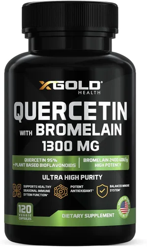 Quercetina + Bromelina 1,300 mg Quercetina: 95% - Altamente purificada y altamente biodisponible más bromelina 2,400 GDU/g - Hecho en Estados Unidos