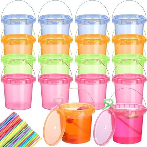 Miniatura 9 de Funnymoom Paquete de 36 cubos de plástico para ron para bebidas con pajita, cubeta de cóctel para helado, con tapas y asas, recipientes de alimentos