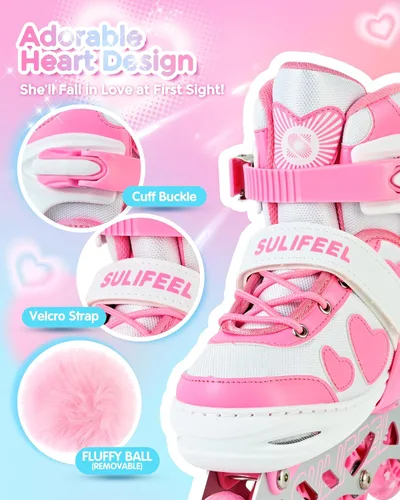 Miniatura 4 de SULIFEEL Love Hearts - Patines en línea ajustables de 4 tamaños para niñas con pompones esponjosos, ruedas iluminadas de 3 a 12 años, regalo de Rosa