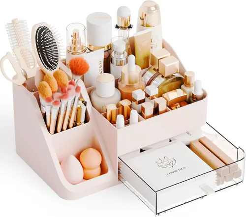 Yieach Organizador de maquillaje de encimera para tocador, baño, tocador, organizador grande de almacenamiento de maquillaje y organizador de