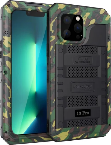 Miniatura 16 de Beasyjoy - Funda impermeable para iPhone 13 Pro, carcasa de metal con protector de pantalla integrado, carcasa protectora de cuerpo completo de Negro