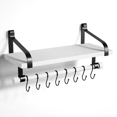 Miniatura 11 de Love-KANKEI Estantería flotante de pared de madera rústica para almacenamiento, estante de especias de cocina con barra para toallas y 8 ganchos
