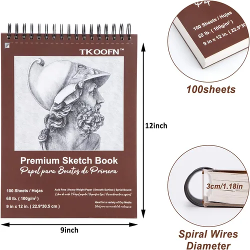 Miniatura 2 de TKOOFN Paquete de 5 cuadernos de bocetos de 9 x 12 pulgadas a granel (500 hojas en total), blocs de dibujo premium encuadernados en espiral superior