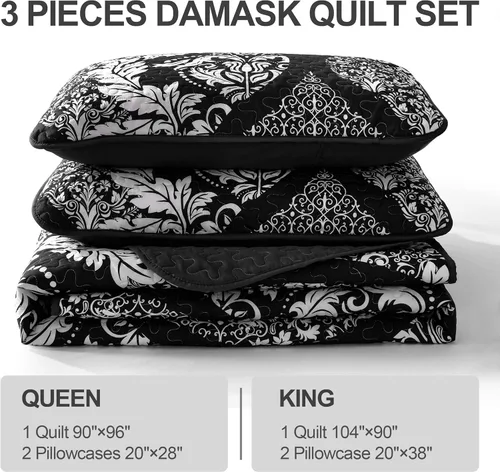 Miniatura 6 de DJY Juego de edredón negro tamaño Queen, juego de colcha de damasco bohemio, juego de ropa de cama de microfibra suave y ligera de 3 piezas