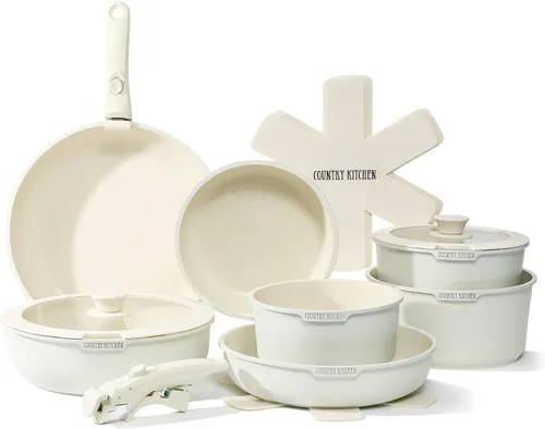 Miniatura 12 de Country Kitchen Juego de utensilios de cocina con mango extraíble, juego de ollas y sartenes aptas para horno y caravana, mango de madera moteada