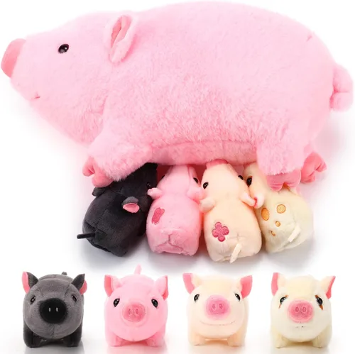 Miniatura 7 de Honoson - Cerdo de peluche con bebés, lindo cerdo mamá de enfermería de peluche con 4 juguetes magnéticos de peluche para niños, niños y niñas
