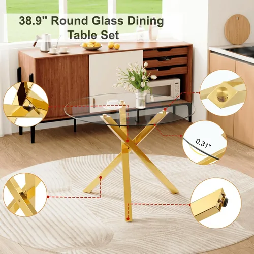 Miniatura 4 de Juego de mesa de comedor redonda para 6, juego de mesa de comedor de vidrio de 39 pulgadas con base de metal ajustable dorada en forma de X y 6